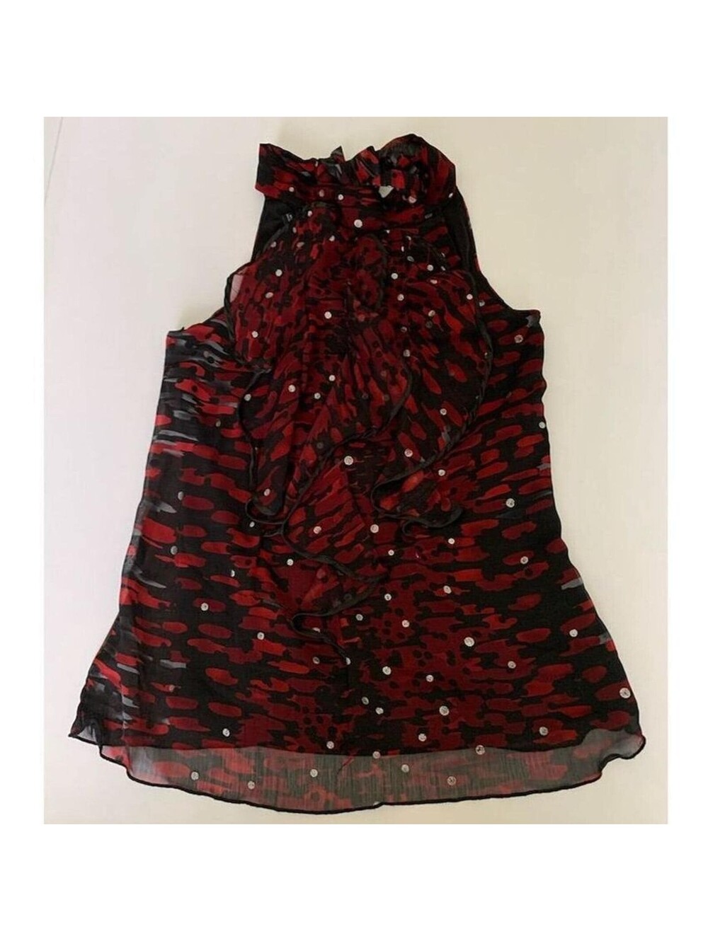 B-Wear Red and Black Sleeveless Ruffle Neck Top with Silver Dots Size Small